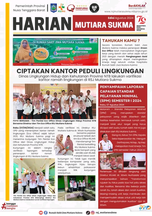 CIPTAKAN KANTOR PEDULI LINGKUNGAN  : DINAS LINGKUNGAN HIDUP DAN KEHUTANAN PROVINSI NTB LAKUKAN VERIFIKASI KANTOR RAMAH LINGKUNGAN DI RSJ MUTIARA SUKMA